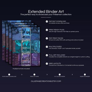 Product feature overview for Dusknoir Evolution extended binder art — 300 DPI print-ready files, multiple sizes and grid layouts, instant digital download