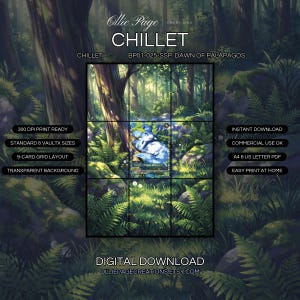 Chillet BP01-025-SSP extended art binder page in a Lush forest woodland with vibrant green ferns, tall trees, dappled golden sunlight, misty atmospheric lighting, serene natural landscape with flowing stream., printable 9-pocket TCG display insert by Ollie Page Creations