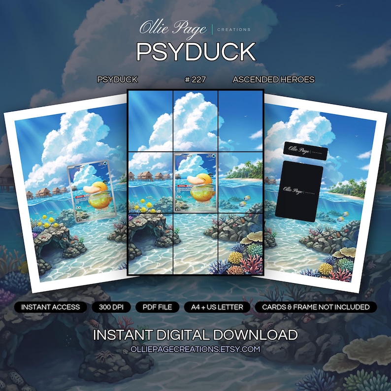 Psyduck 227/217 collector bundle — extended binder page plus 8x10 full-art and PSA framed prints in a Vibrant tropical underwater scene with brilliant blue water