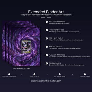 Product feature overview for Mega Chandelure EX extended binder art — 300 DPI print-ready files, multiple sizes and grid layouts, instant digital download