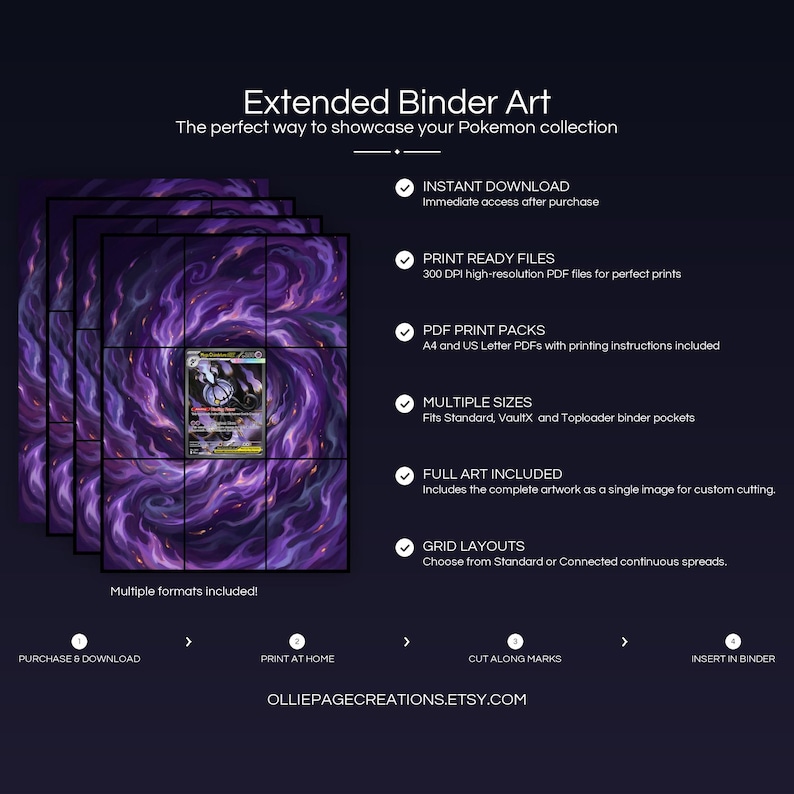 Product feature overview for Mega Chandelure EX extended binder art — 300 DPI print-ready files, multiple sizes and grid layouts, instant digital download