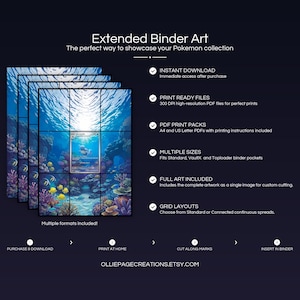 Product feature overview for Wartortle extended binder art — 300 DPI print-ready files, multiple sizes and grid layouts, instant digital download
