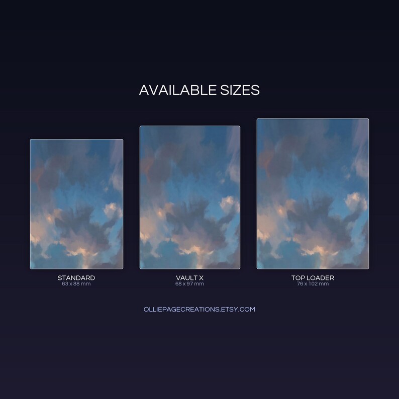 Bewear extended binder art size guide showing Standard, Vault X, and Top Loader printable card sleeve dimensions