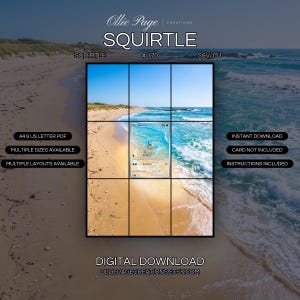 Squirtle 170/165 extended art binder page in a Pristine sandy beach with turquoise waves, golden sand, grass-covered dunes, clear blue sky, and rocky coastline under bright natural daylight., printable 9-pocket TCG display insert by Ollie Page Creations
