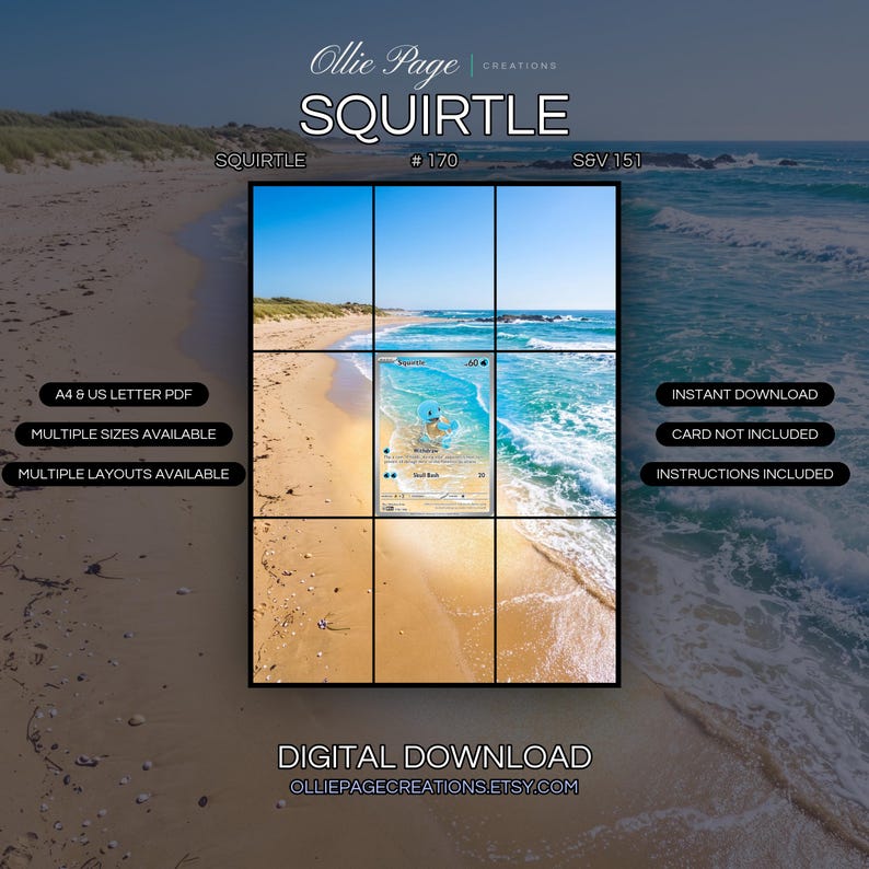 Squirtle 170/165 extended art binder page in a Pristine sandy beach with turquoise waves, golden sand, grass-covered dunes, clear blue sky, and rocky coastline under bright natural daylight., printable 9-pocket TCG display insert by Ollie Page Creations