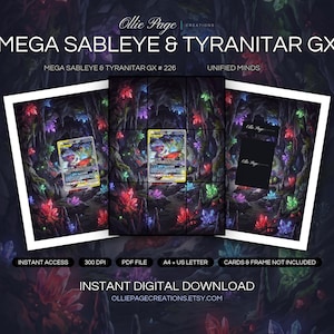 Mega Sableye & Tyranitar GX 226/236 collector bundle — extended binder page plus 8x10 full-art and PSA framed prints in a Mystical underground cave illuminated by vibrant neon crystals in red, purple, blue, and green, with moss-covered stone walls and dramatic atmospheric lighting., printable digital download by Ollie Page Creations