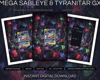 Paquete de láminas para enmarcar Mega Sableye y Tyranitar GX 226/236 + lámina para enmarcar / Exhibidor de 9 bolsillos para arte extendido / 8x10 5x7 4x6 / Unified Minds