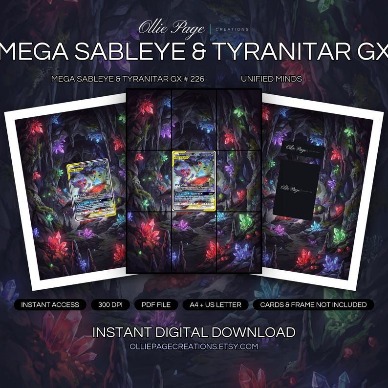 Mega Sableye & Tyranitar GX 226/236 collector bundle — extended binder page plus 8x10 full-art and PSA framed prints in a Mystical underground cave illuminated by vibrant neon crystals in red, purple, blue, and green, with moss-covered stone walls and dramatic atmospheric lighting., printable digital download by Ollie Page Creations