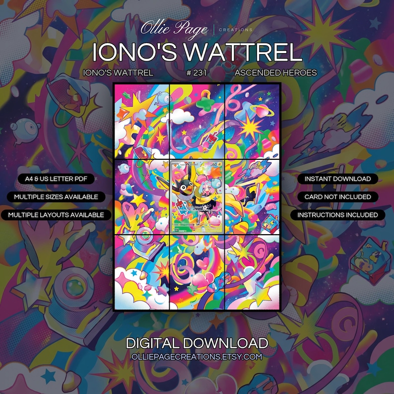 Iono's Wattrel 231/217 extended art binder page in a Vibrant psychedelic space environment featuring neon pink