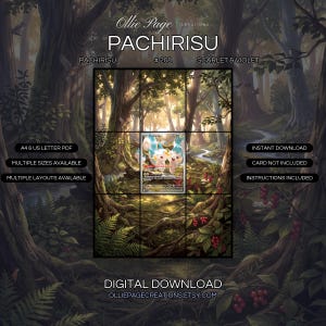 Pachirisu 208/198 extended art binder page in a Golden sunlit forest with towering trees, moss-covered logs, ferns, red berries, and a gentle stream flowing through the misty woodland landscape., printable 9-pocket TCG display insert by Ollie Page Creations