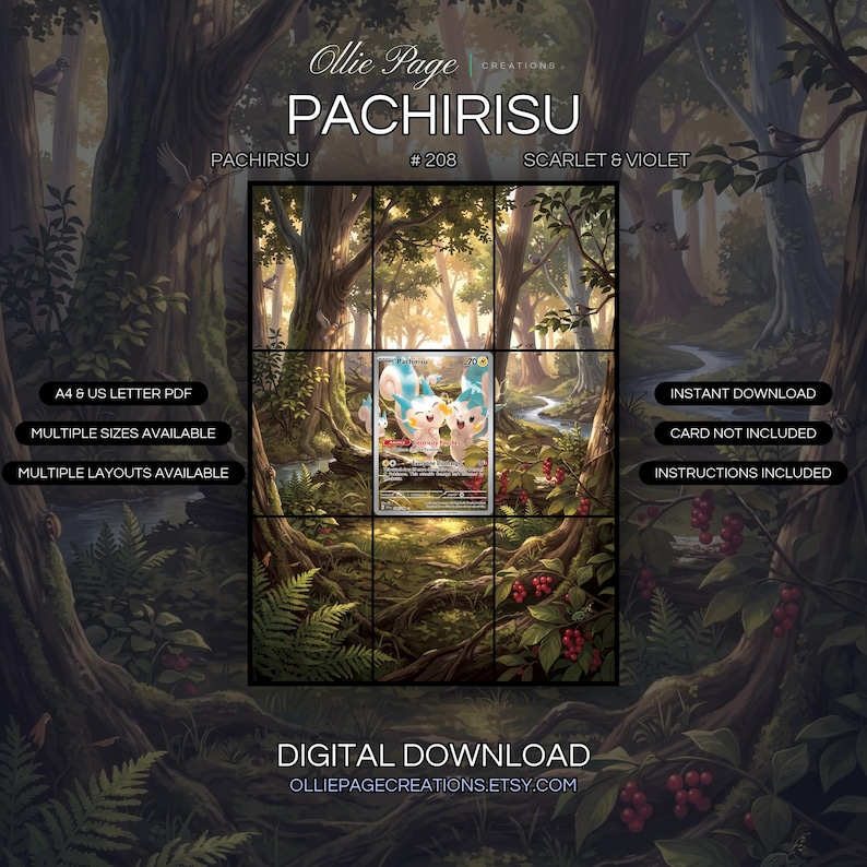 Pachirisu 208/198 extended art binder page in a Golden sunlit forest with towering trees, moss-covered logs, ferns, red berries, and a gentle stream flowing through the misty woodland landscape., printable 9-pocket TCG display insert by Ollie Page Creations