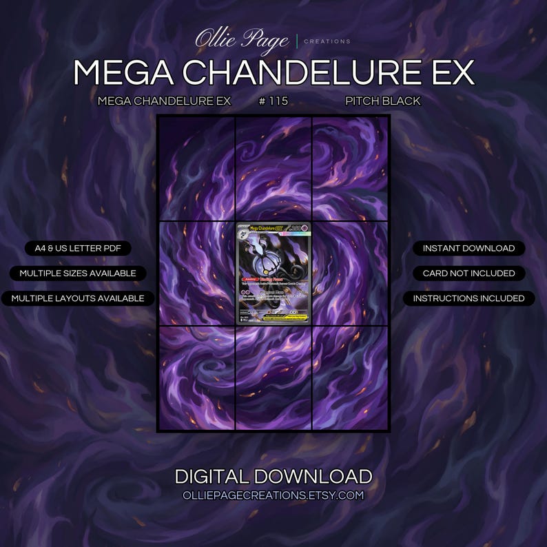 Mega Chandelure EX 115/084 extended art binder page in a Dramatic purple and gold swirling vortex with mystical magical energy, dark atmospheric spiral creating an otherworldly portal environment., printable 9-pocket TCG display insert by Ollie Page
