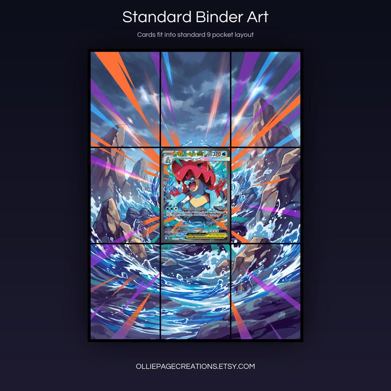 Mega Feraligatr EX 274/217 extended art 3x3 grid layout, full 9-pocket binder page display printable, Ascended Heroes collector insert