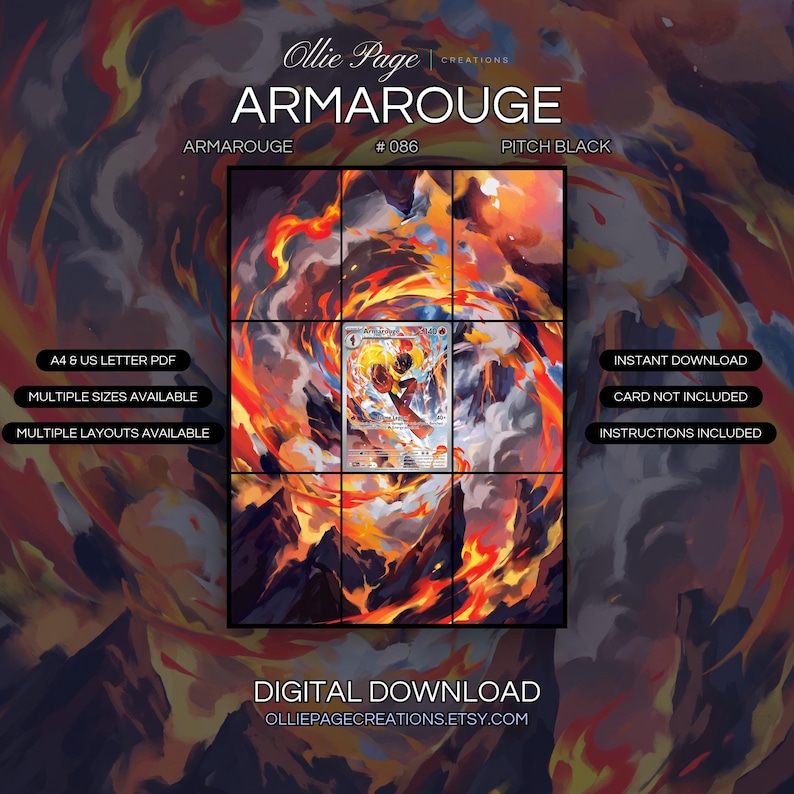Armarouge 086/084 extended art binder page in a Dramatic inferno landscape with swirling red