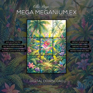 Mega Meganium EX 272/217 extended art binder page in a Vibrant tropical jungle landscape with lush green foliage