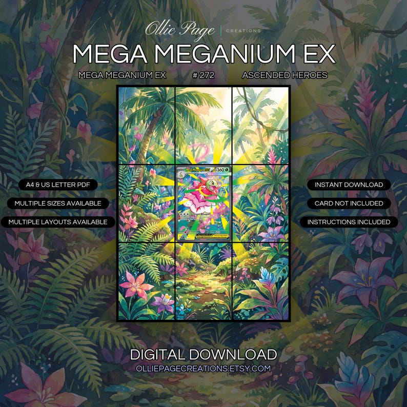 Mega Meganium EX 272/217 extended art binder page in a Vibrant tropical jungle landscape with lush green foliage