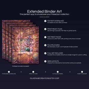 Product feature overview for Espeon V extended binder art — 300 DPI print-ready files, multiple sizes and grid layouts, instant digital download