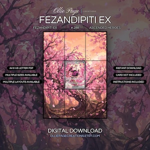 Fezandipiti EX 288/217 extended art binder page in a Ethereal cherry blossom grove at sunset with pink petals floating through warm golden light
