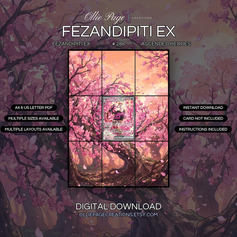 Fezandipiti EX 288/217 extended art binder page in a Ethereal cherry blossom grove at sunset with pink petals floating through warm golden light