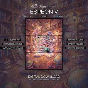 Espeon V 180/203 extended art binder page in a Magical library interior with glowing neon books, wooden shelves, warm golden lighting, and pink luminescent energy floating throughout the wooden study room., printable 9-pocket TCG display insert by Ollie Page Creations