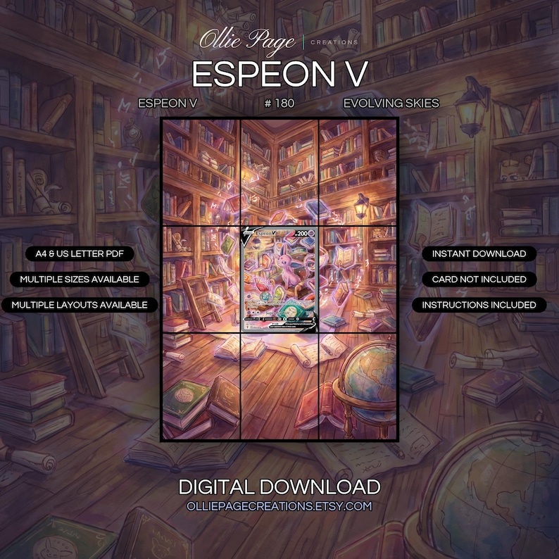 Espeon V 180/203 extended art binder page in a Magical library interior with glowing neon books, wooden shelves, warm golden lighting, and pink luminescent energy floating throughout the wooden study room., printable 9-pocket TCG display insert by Ollie Page Creations