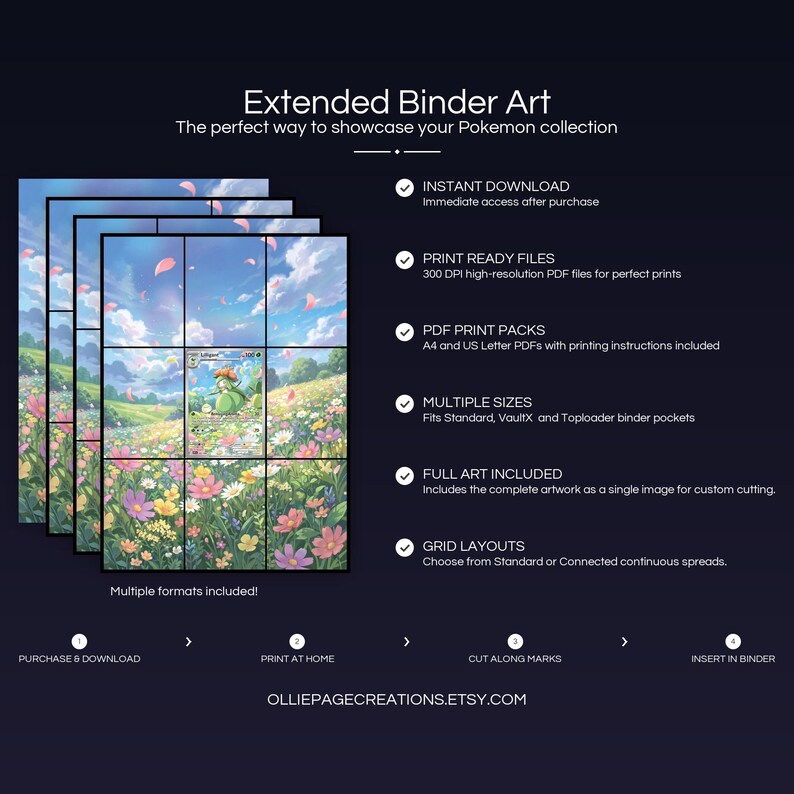 Product feature overview for Lilligant extended binder art — 300 DPI print-ready files, multiple sizes and grid layouts, instant digital download