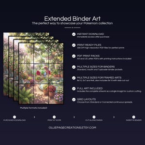 Collector bundle feature overview for Sprigatito extended binder art — binder page grids plus 8x10, 5x7, 4x6 and PSA-style framed prints, 300 DPI instant digital download