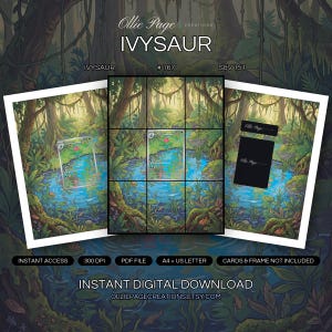 Ivysaur 167/165 collector bundle — extended binder page plus 8x10 full-art and PSA framed prints in a Vibrant jungle pond surrounded by towering trees, lush vegetation, and hanging vines with dappled sunlight filtering through canopy, creating an enchanted tropical wetland atmosphere., printable digital download by Ollie Page Creations