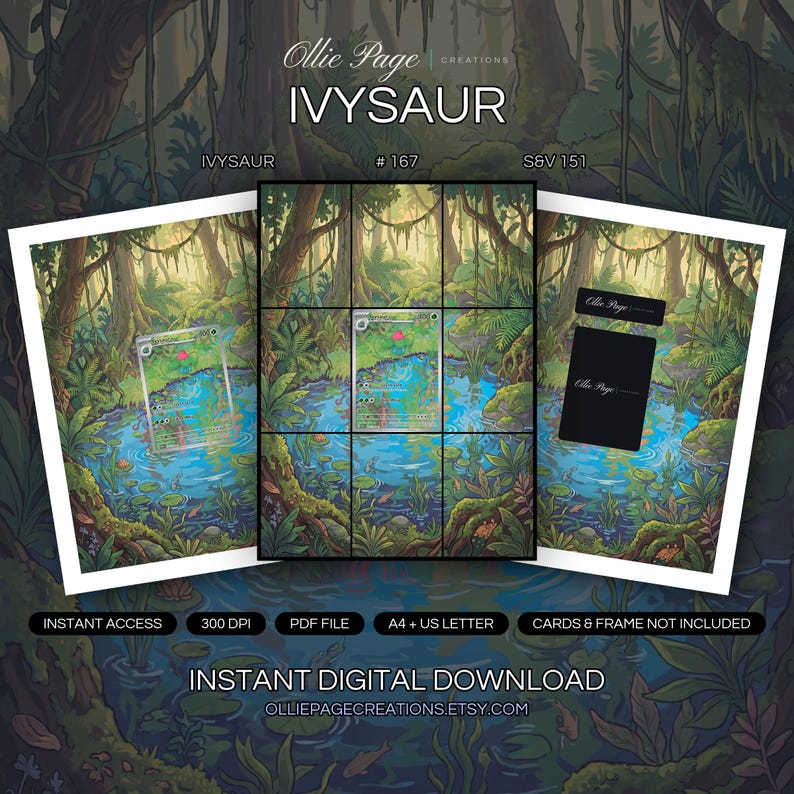 Ivysaur 167/165 collector bundle — extended binder page plus 8x10 full-art and PSA framed prints in a Vibrant jungle pond surrounded by towering trees, lush vegetation, and hanging vines with dappled sunlight filtering through canopy, creating an enchanted tropical wetland atmosphere., printable digital download by Ollie Page Creations