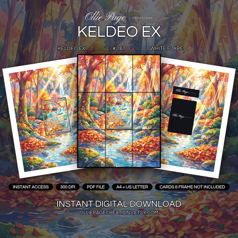 Keldeo EX 167/086 collector bundle — extended binder page plus 8x10 full-art and PSA framed prints in a Vibrant autumn forest scene with glowing waterfall