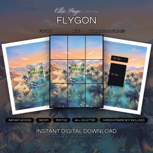 Flygon 101/094 collector bundle — extended binder page plus 8x10 full-art and PSA framed prints in a Vibrant desert oasis landscape at sunset with golden sand dunes, turquoise water, palm trees, and dramatic warm orange sky with soft clouds., printab