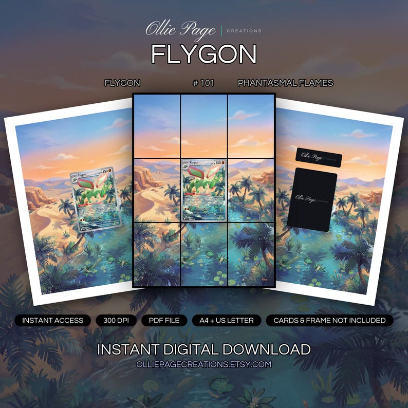 Flygon 101/094 collector bundle — extended binder page plus 8x10 full-art and PSA framed prints in a Vibrant desert oasis landscape at sunset with golden sand dunes, turquoise water, palm trees, and dramatic warm orange sky with soft clouds., printab