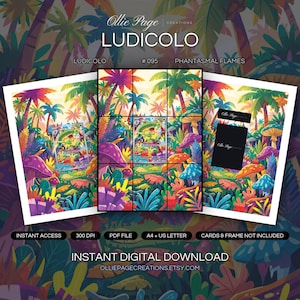 Ludicolo 095/094 collector bundle — extended binder page plus 8x10 full-art and PSA framed prints in a Vibrant tropical jungle scene with colorful palm trees, exotic flowers, mushrooms, and lush foliage under bright sunlight creating a whimsical, fantastical forest landscape., printable digital download by Ollie Page Creations
