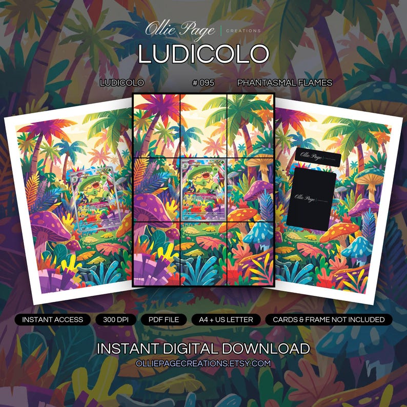 Ludicolo 095/094 collector bundle — extended binder page plus 8x10 full-art and PSA framed prints in a Vibrant tropical jungle scene with colorful palm trees, exotic flowers, mushrooms, and lush foliage under bright sunlight creating a whimsical, fantastical forest landscape., printable digital download by Ollie Page Creations