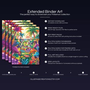 Collector bundle feature overview for Ludicolo extended binder art — binder page grids plus 8x10, 5x7, 4x6 and PSA-style framed prints, 300 DPI instant digital download