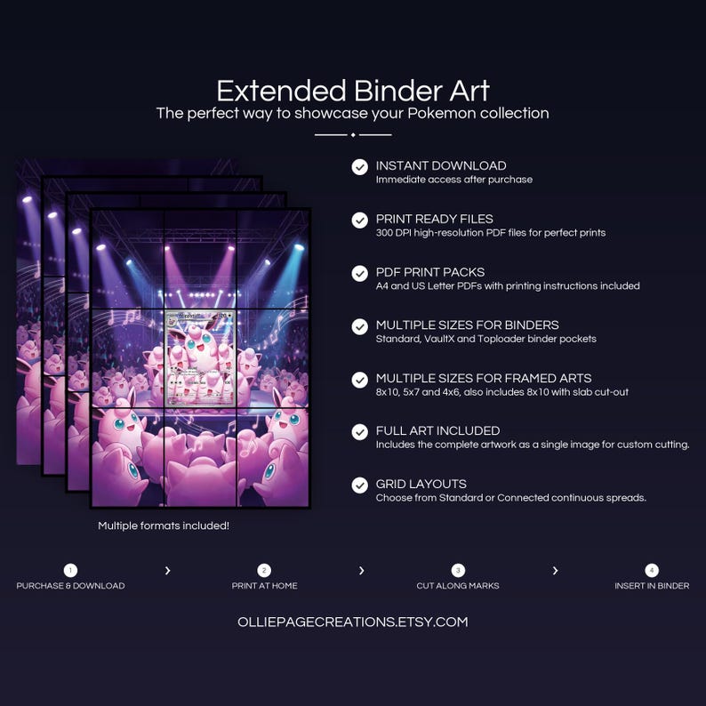 Collector bundle feature overview for Wigglytuff extended binder art — binder page grids plus 8x10, 5x7, 4x6 and PSA-style framed prints, 300 DPI instant digital download