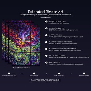 Collector bundle feature overview for Mega Gengar EX extended binder art — binder page grids plus 8x10, 5x7, 4x6 and PSA-style framed prints, 300 DPI instant digital download