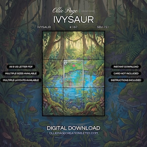 Ivysaur 167/165 extended art binder page in a Vibrant jungle pond surrounded by towering trees, lush vegetation, and hanging vines with dappled sunlight filtering through canopy, creating an enchanted tropical wetland atmosphere., printable 9-pocket TCG display insert by Ollie Page Creations
