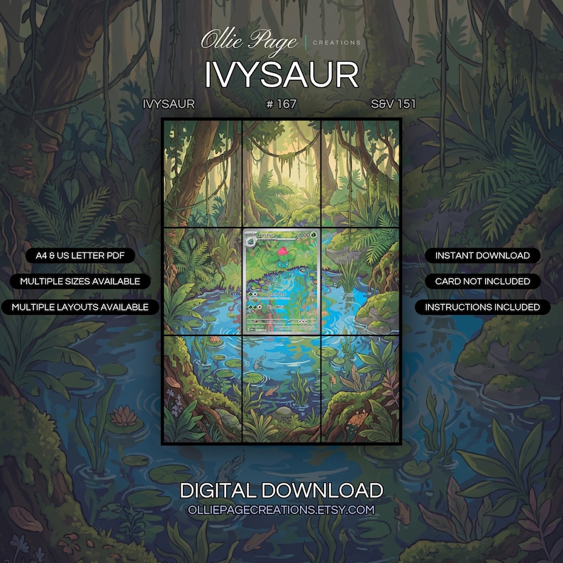 Ivysaur 167/165 extended art binder page in a Vibrant jungle pond surrounded by towering trees, lush vegetation, and hanging vines with dappled sunlight filtering through canopy, creating an enchanted tropical wetland atmosphere., printable 9-pocket TCG display insert by Ollie Page Creations