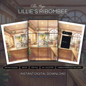 Lillie's Ribombee 164/159 collector bundle — extended binder page plus 8x10 full-art and PSA framed prints in a Warm, sunlit flower shop interior featuring wooden shelves, potted plants, glass vases with blooms, arched windows, and golden afternoon lighting throughout., printable digital download by Ollie Page Creations