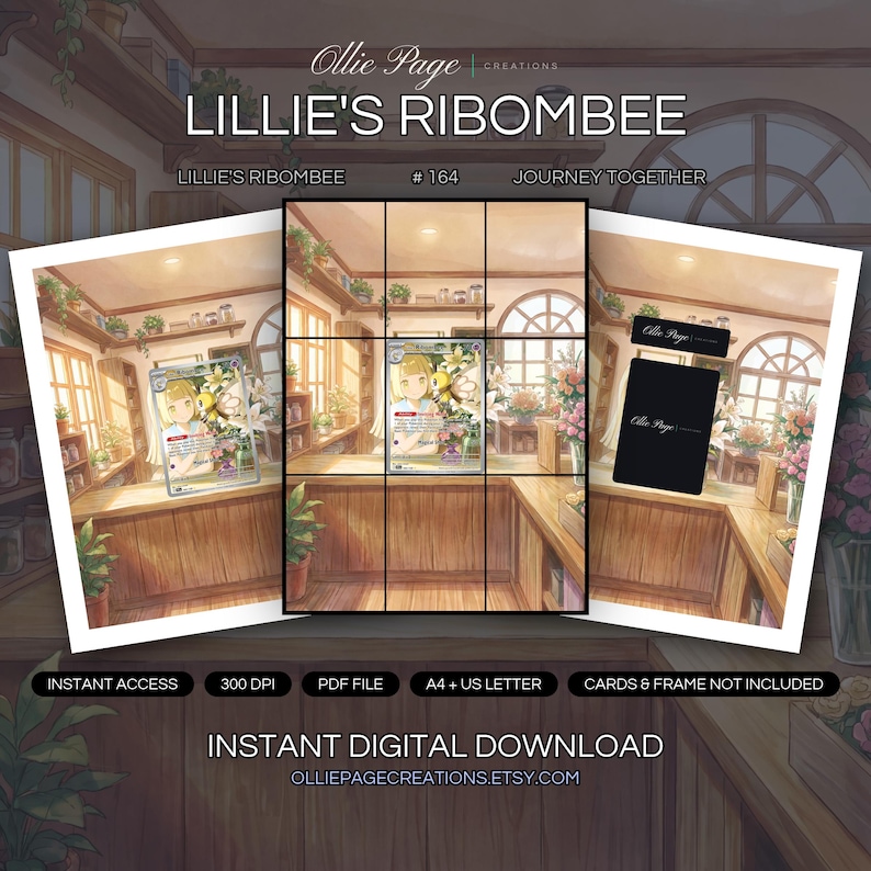 Lillie's Ribombee 164/159 collector bundle — extended binder page plus 8x10 full-art and PSA framed prints in a Warm, sunlit flower shop interior featuring wooden shelves, potted plants, glass vases with blooms, arched windows, and golden afternoon lighting throughout., printable digital download by Ollie Page Creations
