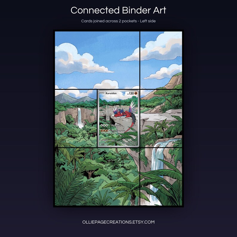 Koraidon 014 connected binder art joining across two pockets, left side, printable extended card display for 9-pocket binders