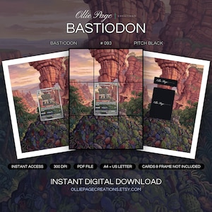 Bastiodon 093/084 collector bundle — extended binder page plus 8x10 full-art and PSA framed prints in a Dramatic desert canyon landscape with towering red rock formations