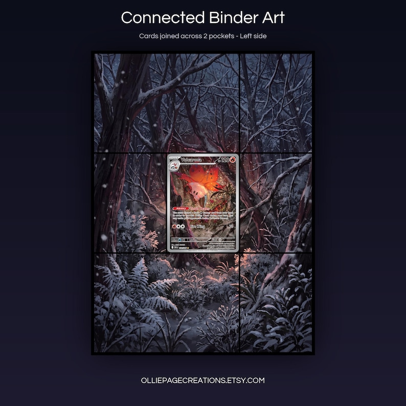 Volcarona 100/086 connected binder art joining across two pockets, left side, printable extended card display for 9-pocket binders