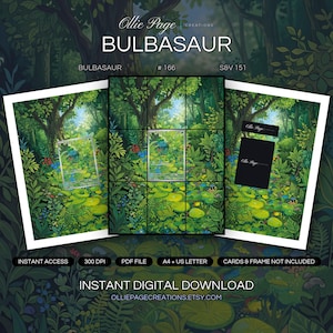 Bulbasaur 166/165 collector bundle — extended binder page plus 8x10 full-art and PSA framed prints in a Lush forest glade with vibrant green canopy