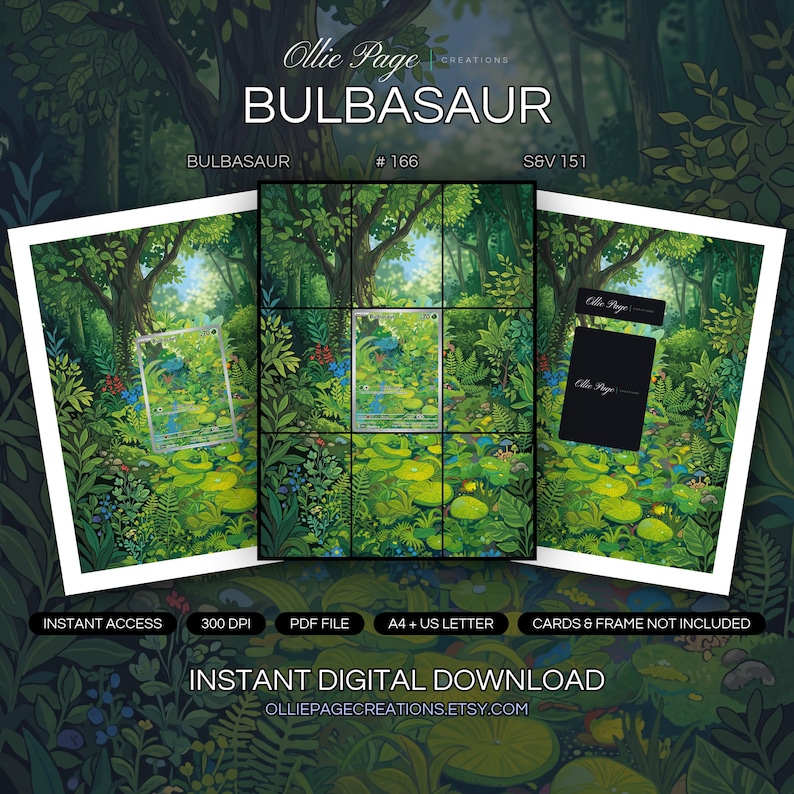 Bulbasaur 166/165 collector bundle — extended binder page plus 8x10 full-art and PSA framed prints in a Lush forest glade with vibrant green canopy
