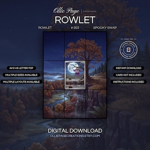 May include: A digital download product display featuring a Rowlet card graphic centred within a grid overlay. The background shows a dark, autumnal forest landscape under a full moon. Text includes Ollie Page Creations, Rowlet #003, Spooky Swap, and Digital Download.