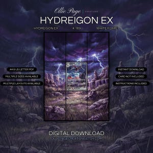 Hydreigon EX 169/086 extended art binder page in a Dramatic thunderstorm over purple canyon landscape with intense lightning bolts, heavy rain, rocky terrain, and moody atmospheric sky., printable 9-pocket TCG display insert by Ollie Page Creations