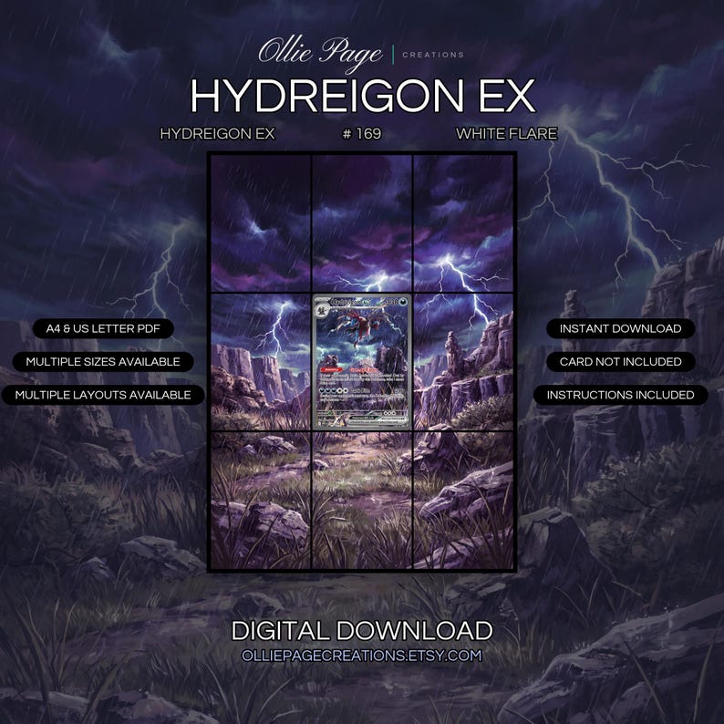 Hydreigon EX 169/086 extended art binder page in a Dramatic thunderstorm over purple canyon landscape with intense lightning bolts, heavy rain, rocky terrain, and moody atmospheric sky., printable 9-pocket TCG display insert by Ollie Page Creations