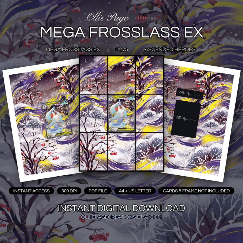Mega Frosslass EX 275/217 collector bundle — extended binder page plus 8x10 full-art and PSA framed prints in a Dramatic winter landscape with snow-covered terrain